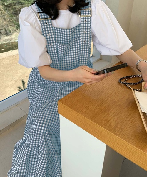 LAFFMO（ラフモ）の「ギンガムチェックティアードフレアジャンパースカート（ワンピース・レディース・ブルー/ブラック・F）」の15枚目の写真