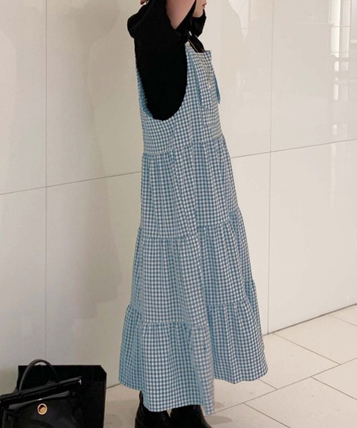 LAFFMO（ラフモ）の「ギンガムチェックティアードフレアジャンパースカート（ワンピース・レディース・ブルー/ブラック・F）」の17枚目の写真