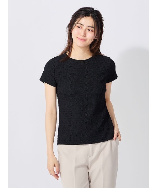 Perfect Suit FActory(パーフェクトスーツファクトリー)の「クラッシュジャガード キャップスリーブブラウス(Tシャツ/カットソー・レディース・オフホワイト/ダークブラウン/ブラック/チャコールグレー・S/M/L)」の3枚目の写真