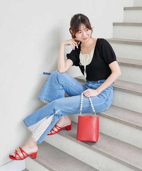 MAJESTIC LEGON（マジェスティックレゴン）の「ギャザードッキング半袖ニット（ニット/セーター・レディース・アイボリー/グレー/ブラック・MEDIUM）」の4枚目の写真