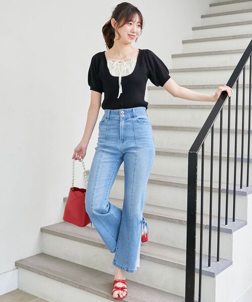 MAJESTIC LEGON（マジェスティックレゴン）の「ギャザードッキング半袖ニット（ニット/セーター・レディース・アイボリー/グレー/ブラック・MEDIUM）」の5枚目の写真