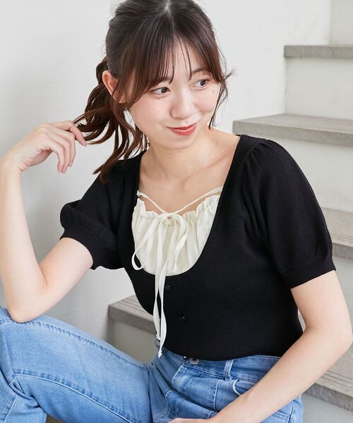 MAJESTIC LEGON（マジェスティックレゴン）の「ギャザードッキング半袖ニット（ニット/セーター・レディース・アイボリー/グレー/ブラック・MEDIUM）」の7枚目の写真