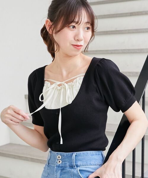 MAJESTIC LEGON（マジェスティックレゴン）の「ギャザードッキング半袖ニット（ニット/セーター・レディース・アイボリー/グレー/ブラック・MEDIUM）」の8枚目の写真