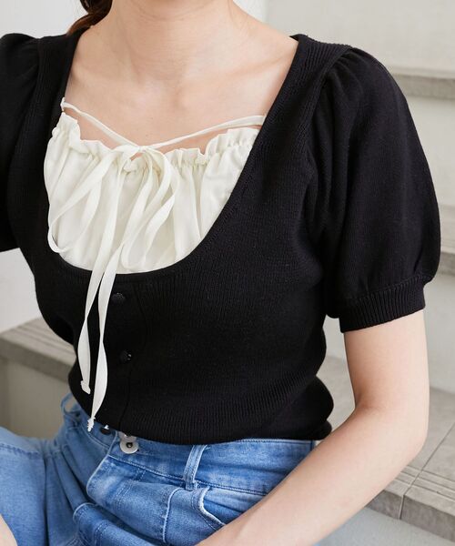 MAJESTIC LEGON（マジェスティックレゴン）の「ギャザードッキング半袖ニット（ニット/セーター・レディース・アイボリー/グレー/ブラック・MEDIUM）」の10枚目の写真