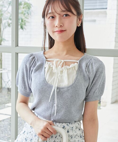 MAJESTIC LEGON（マジェスティックレゴン）の「ギャザードッキング半袖ニット（ニット/セーター・レディース・アイボリー/グレー/ブラック・MEDIUM）」の14枚目の写真