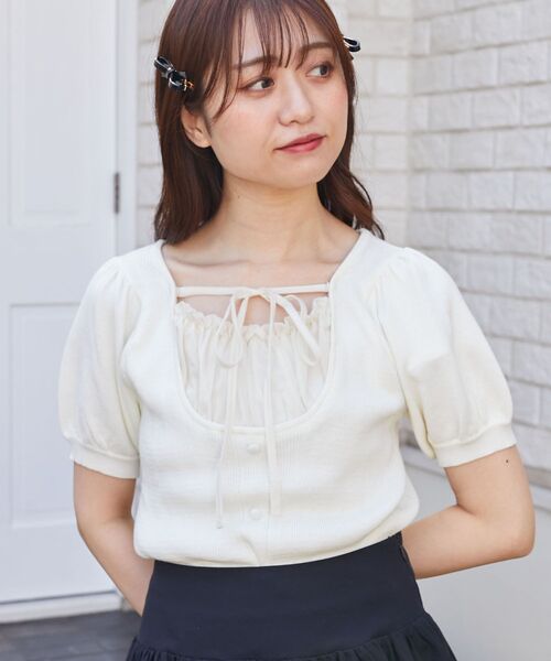 MAJESTIC LEGON（マジェスティックレゴン）の「ギャザードッキング半袖ニット（ニット/セーター・レディース・アイボリー/グレー/ブラック・MEDIUM）」の21枚目の写真