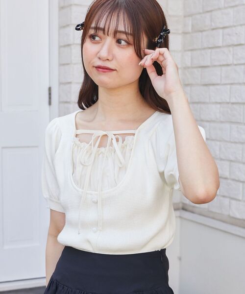 MAJESTIC LEGON（マジェスティックレゴン）の「ギャザードッキング半袖ニット（ニット/セーター・レディース・アイボリー/グレー/ブラック・MEDIUM）」の22枚目の写真