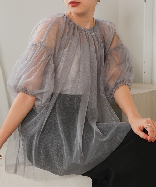 Bab(バブ)の「ラメチュールギャザートップス(Tシャツ/カットソー・レディース・ピンク/チャコールグレー/ホワイト系その他・FREE)」の9枚目の写真