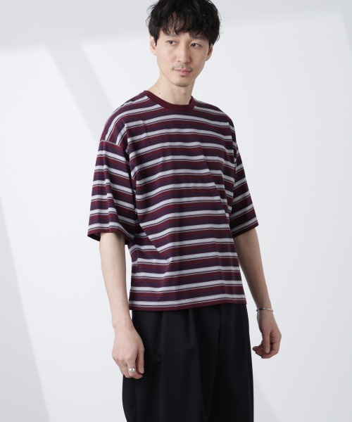 NANO universe（ナノユニバース）の「マイクロランダムボーダーTシャツ（Tシャツ/カットソー・メンズ・バーガンディー/ブラウン/ダークグリーン・M/L）」の3枚目の写真