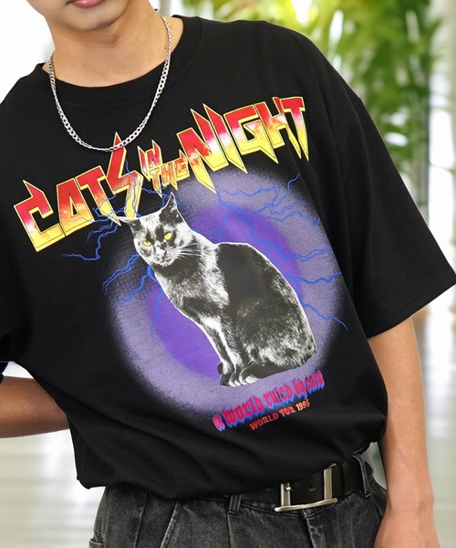 セール】黒猫T ワイド トップス 半袖 グラフィック Tシャツ（T