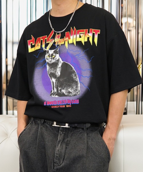 セール】黒猫T ワイド トップス 半袖 グラフィック Tシャツ（T