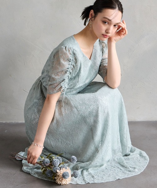 セール】総レースドロストスリーブVネックフレアパーティードレス 結婚