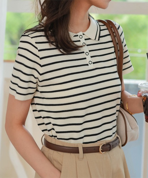 KOBE LETTUCE(コウベレタス)の「スナップボタンポロニットトップス(ニット/セーター・レディース・オフホワイト/ブラック/アイボリー系・M)」の3枚目の写真