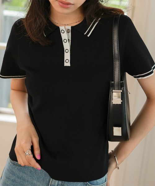 KOBE LETTUCE(コウベレタス)の「スナップボタンポロニットトップス(ニット/セーター・レディース・オフホワイト/ブラック/アイボリー系・M)」の2枚目の写真