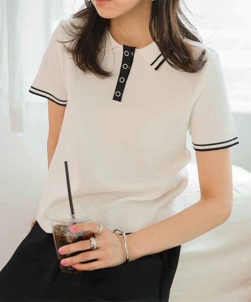 KOBE LETTUCE(コウベレタス)の「スナップボタンポロニットトップス(ニット/セーター・レディース・オフホワイト/ブラック/アイボリー系・M)」の9枚目の写真