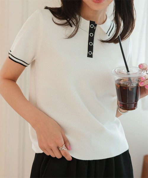 KOBE LETTUCE(コウベレタス)の「スナップボタンポロニットトップス(ニット/セーター・レディース・オフホワイト/ブラック/アイボリー系・M)」の8枚目の写真