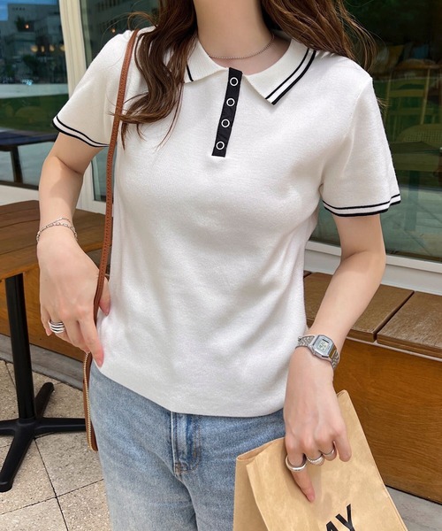 KOBE LETTUCE(コウベレタス)の「スナップボタンポロニットトップス(ニット/セーター・レディース・オフホワイト/ブラック/アイボリー系・M)」の10枚目の写真