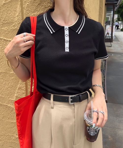 KOBE LETTUCE(コウベレタス)の「スナップボタンポロニットトップス(ニット/セーター・レディース・オフホワイト/ブラック/アイボリー系・M)」の7枚目の写真