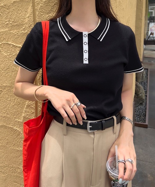 KOBE LETTUCE(コウベレタス)の「スナップボタンポロニットトップス(ニット/セーター・レディース・オフホワイト/ブラック/アイボリー系・M)」の6枚目の写真