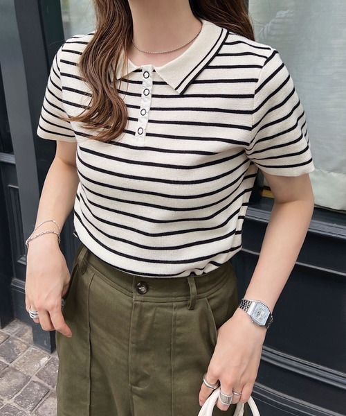 KOBE LETTUCE(コウベレタス)の「スナップボタンポロニットトップス(ニット/セーター・レディース・オフホワイト/ブラック/アイボリー系・M)」の5枚目の写真