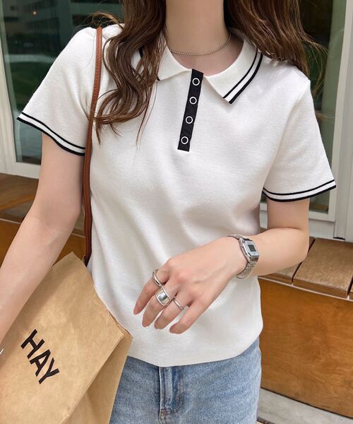 KOBE LETTUCE(コウベレタス)の「スナップボタンポロニットトップス(ニット/セーター・レディース・オフホワイト/ブラック/アイボリー系・M)」の19枚目の写真