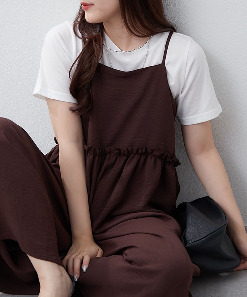 Remind me and forever(リマインドミーアンドフォーエバー)の「ルーズサロペット+TシャツSET(ワンピース・レディース・ブラウン/ブラック/チャコールグレー・FREE)」の3枚目の写真