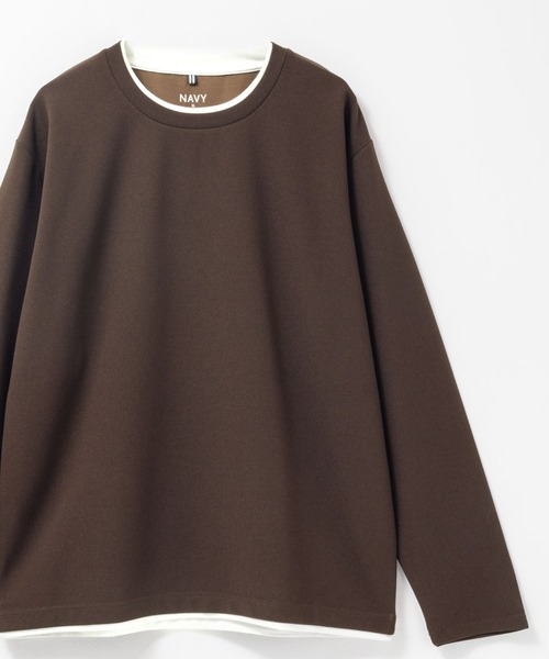 NAVY（ネイビー）の「NAVY 時短フェイクレイヤード カルゼダブルクルーネック長袖Tシャツ（Tシャツ/カットソー・メンズ・ネイビー/ブラウン/チャコールグレー/グレー・XL/L/M/S）」の9枚目の写真