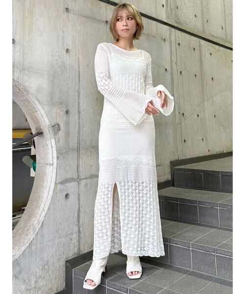 MURUA(ムルーア)の「【追加生産分】クロシェニットワンピース(ワンピース・レディース・ブラック/カーキ/ホワイト・FREE)」の4枚目の写真