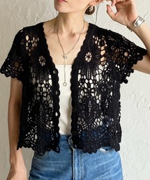 綿100%半端袖ショート丈Vネックかぎ針クロシェ編みカーディガン
