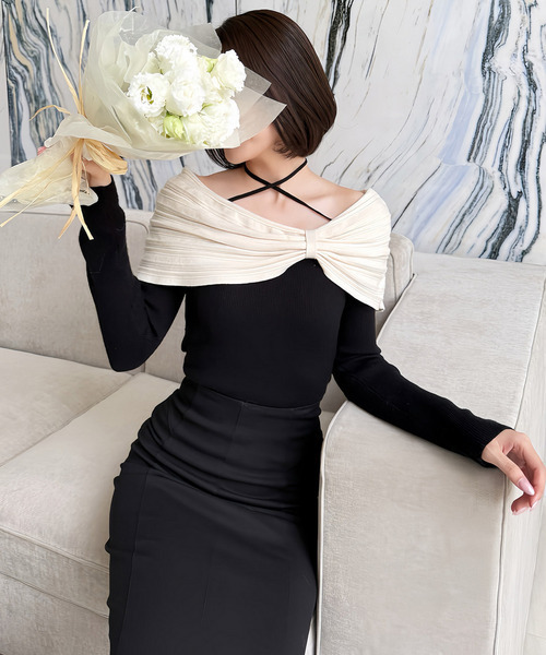 ROYAL PARTY（ロイヤルパーティー）の「オフショルリボン配色ニットトップス（ニット/セーター・レディース・オフホワイト/ボルドー/ブラック・FREE）」の12枚目の写真