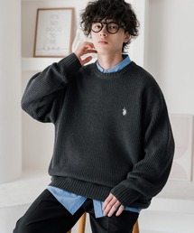 新色追加 U.S. POLO ASSN. ユーエスポロアッスン 別注コラボ オーバーサイズワンポイントロゴ刺繍畦編みクルーネック長袖ニットセーター