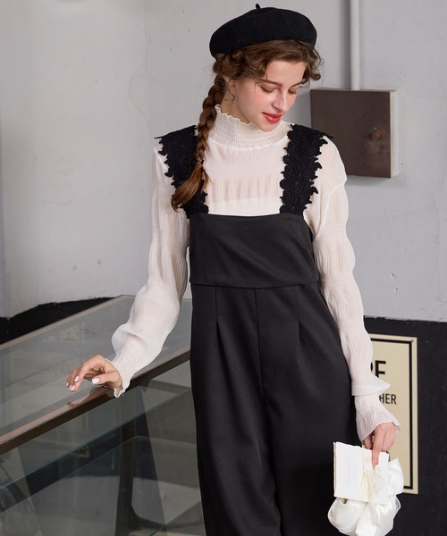 BONLECILL noir】レースショルダービッグリボンオールインワン