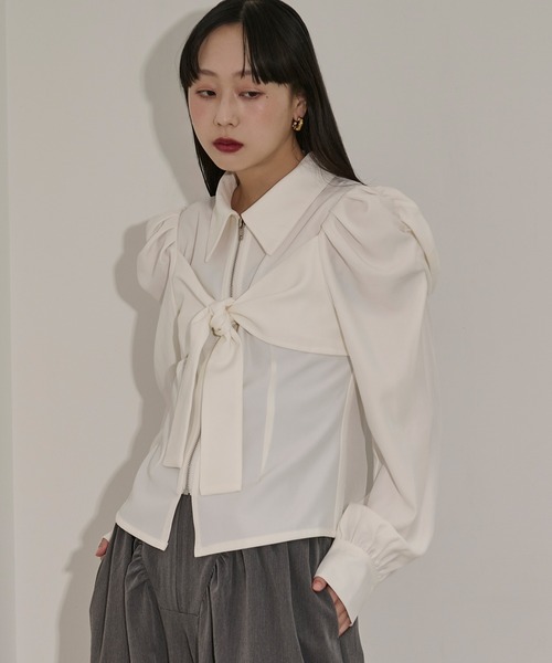 Ezick（エジック）の「ribbon zip shirt フロントリボンジップシャツ（シャツ/ブラウス・レディース・ブラック/オフホワイト・FREE）」の17枚目の写真