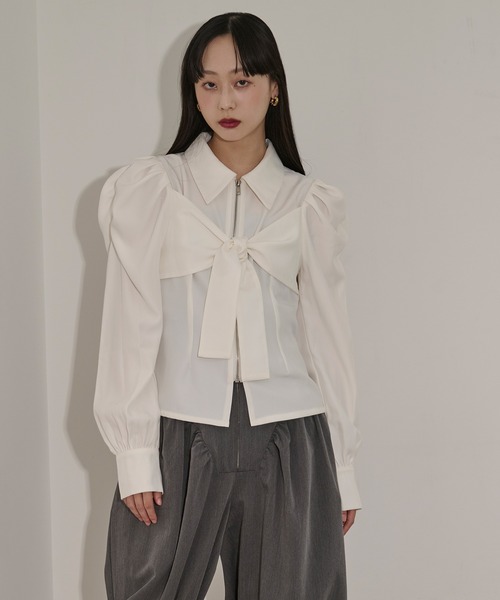Ezick（エジック）の「ribbon zip shirt フロントリボンジップシャツ（シャツ/ブラウス・レディース・ブラック/オフホワイト・FREE）」の18枚目の写真