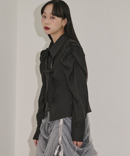 Ezick（エジック）の「ribbon zip shirt フロントリボンジップシャツ（シャツ/ブラウス・レディース・ブラック/オフホワイト・FREE）」の5枚目の写真