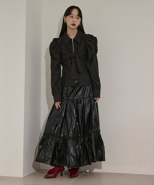 Ezick（エジック）の「ribbon zip shirt フロントリボンジップシャツ（シャツ/ブラウス・レディース・ブラック/オフホワイト・FREE）」の9枚目の写真