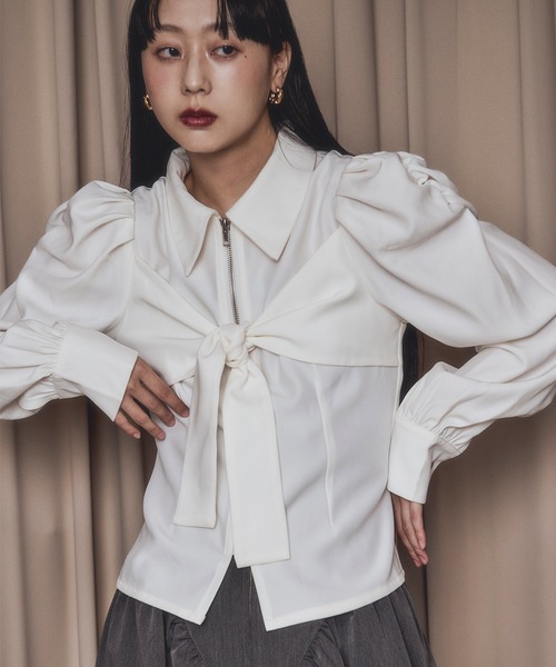 Ezick（エジック）の「ribbon zip shirt フロントリボンジップシャツ（シャツ/ブラウス・レディース・ブラック/オフホワイト・FREE）」の8枚目の写真