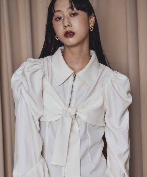 Ezick（エジック）の「ribbon zip shirt フロントリボンジップシャツ（シャツ/ブラウス・レディース・ブラック/オフホワイト・FREE）」の14枚目の写真