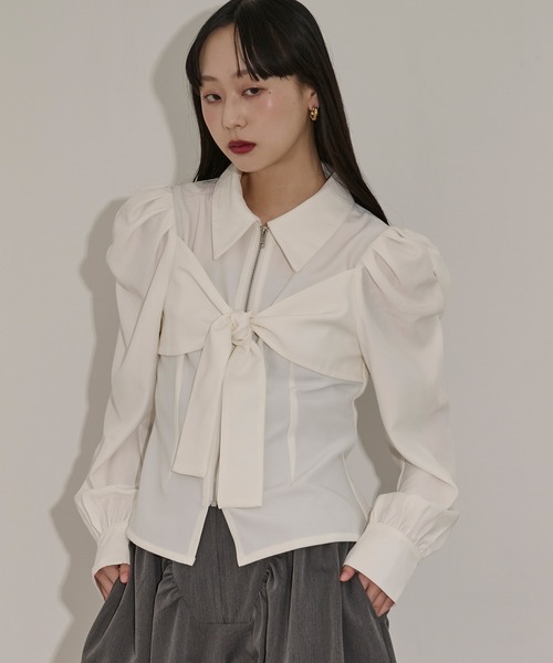 ジップリボントップス ribbon zip shirt フロントリボンジップシャツ（シャツ/ブラウス