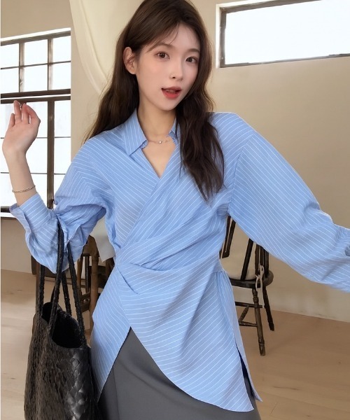 新品 自由区 クラスラウンジ 長袖カシュクールシャツブラウス セール】長袖カシュクールシャツBL（シャツ/ブラウス）｜roomy