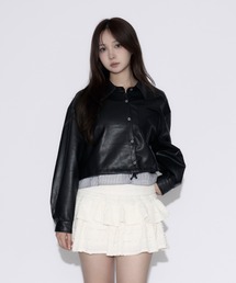 tinkerend（ティンカーエンド）の「Layered Striped Faux Leather Jacket / レイヤードストライプフェイクレザージャケット（ライダースジャケット）」