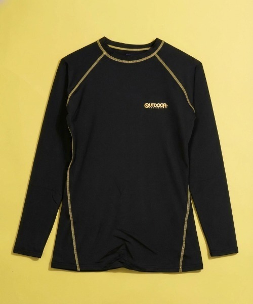 OUTDOOR PRODUCTS(アウトドアプロダクツ)の「【OUTDOOR/アウトドア】コンプレッションクルー/長袖 インナーウェア スポーツ トレーニング ランニング 吸汗速乾 ストレッチ(Tシャツ/カットソー・メンズ・ブラック×ゴールド/ブラック×シルバー・MEDIUM/LARGE/X-LARGE)」の1枚目の写真