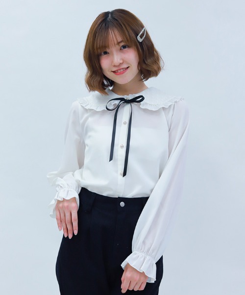 axes femme POETIQUE（アクシーズファムポエティック）の「ハートチュールビッグ襟ブラウス（シャツ/ブラウス・レディース・ホワイト/ピンク/ブラック・MEDIUM）」の2枚目の写真