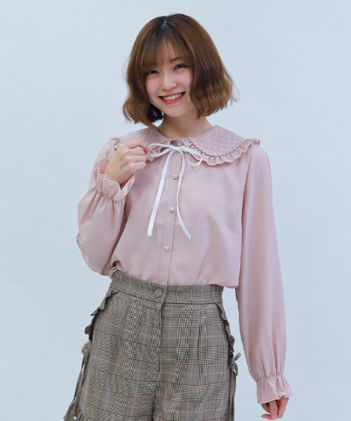axes femme POETIQUE（アクシーズファムポエティック）の「ハートチュールビッグ襟ブラウス（シャツ/ブラウス・レディース・ホワイト/ピンク/ブラック・MEDIUM）」の3枚目の写真