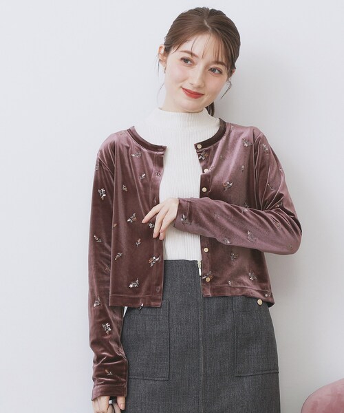 セール】小花刺繍ベロアショートカーディガン【洗濯機OK