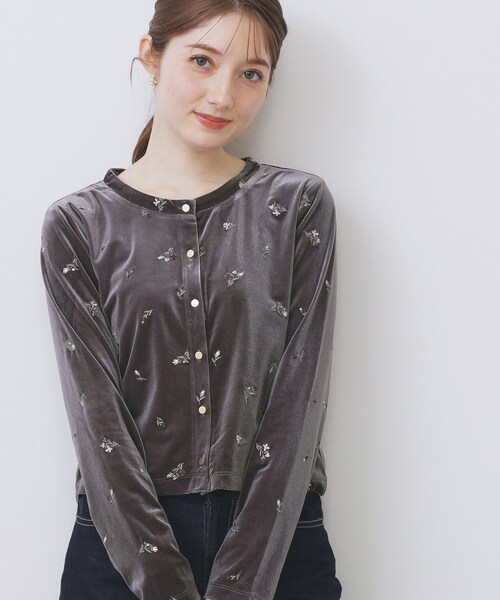セール】小花刺繍ベロアショートカーディガン【洗濯機OK