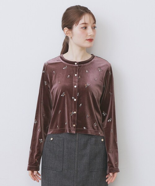 セール】小花刺繍ベロアショートカーディガン【洗濯機OK