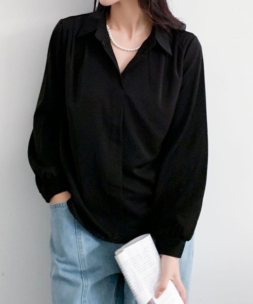 LOWO(ロワ)の「ビッグカラー ブラウス 長袖 オフィス フォーマル シャツ(シャツ/ブラウス・レディース・ホワイト/ブラック/ベージュ・FREE)」の2枚目の写真