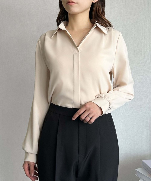 LOWO(ロワ)の「ビッグカラー ブラウス 長袖 オフィス フォーマル シャツ(シャツ/ブラウス・レディース・ホワイト/ブラック/ベージュ・FREE)」の18枚目の写真
