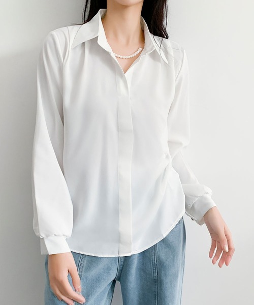 LOWO(ロワ)の「ビッグカラー ブラウス 長袖 オフィス フォーマル シャツ(シャツ/ブラウス・レディース・ホワイト/ブラック/ベージュ・FREE)」の8枚目の写真